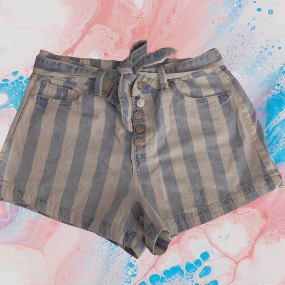 REWASH STRIPED DENIM PAPER-BAG SHORTS BUTTERFLY HIGH-RISE DENIM SHORTS